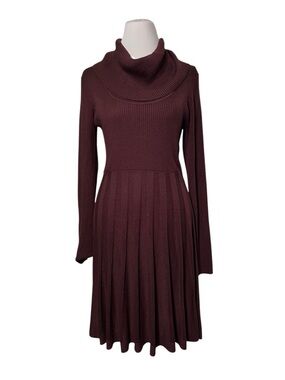 Calvin Klein Plum Ribbed Knit Sweater Dress Size S Cowl Neck Fit & Flare Dk Plum
